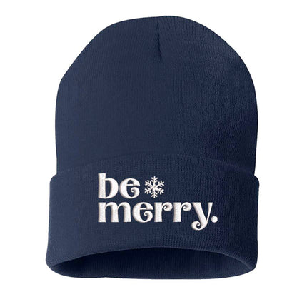 Navy Blue Be Merry Embroidered Beanie Cap featuring festive holiday embroidery and cozy knit design – DSY Lifestyle