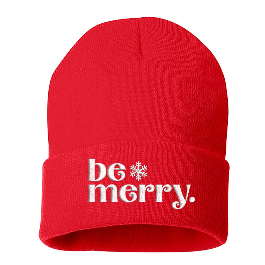 Red Be Merry Embroidered Beanie Cap featuring festive holiday embroidery and cozy knit design – DSY Lifestyle