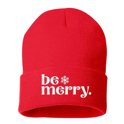 Red Be Merry Embroidered Beanie Cap featuring festive holiday embroidery and cozy knit design – DSY Lifestyle
