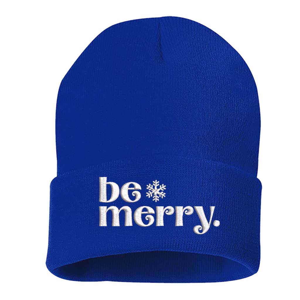 Royal Blue Be Merry Embroidered Beanie Cap featuring festive holiday embroidery and cozy knit design – DSY Lifestyle