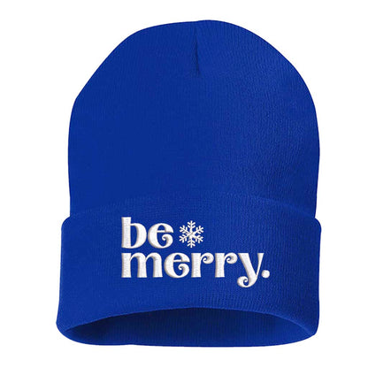 Royal Blue Be Merry Embroidered Beanie Cap featuring festive holiday embroidery and cozy knit design – DSY Lifestyle