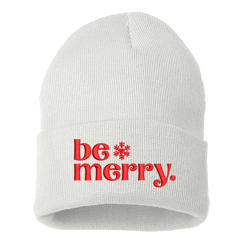 White with red thread Be Merry Embroidered Beanie Cap featuring festive holiday embroidery and cozy knit design – DSY Lifestyle