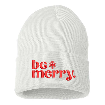 White with red thread Be Merry Embroidered Beanie Cap featuring festive holiday embroidery and cozy knit design – DSY Lifestyle