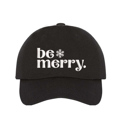 Black Be Merry Christmas Embroidered Baseball Hat featuring festive white stitching, breathable cotton fabric, and adjustable strap for a perfect holiday fit – DSY Lifestyle