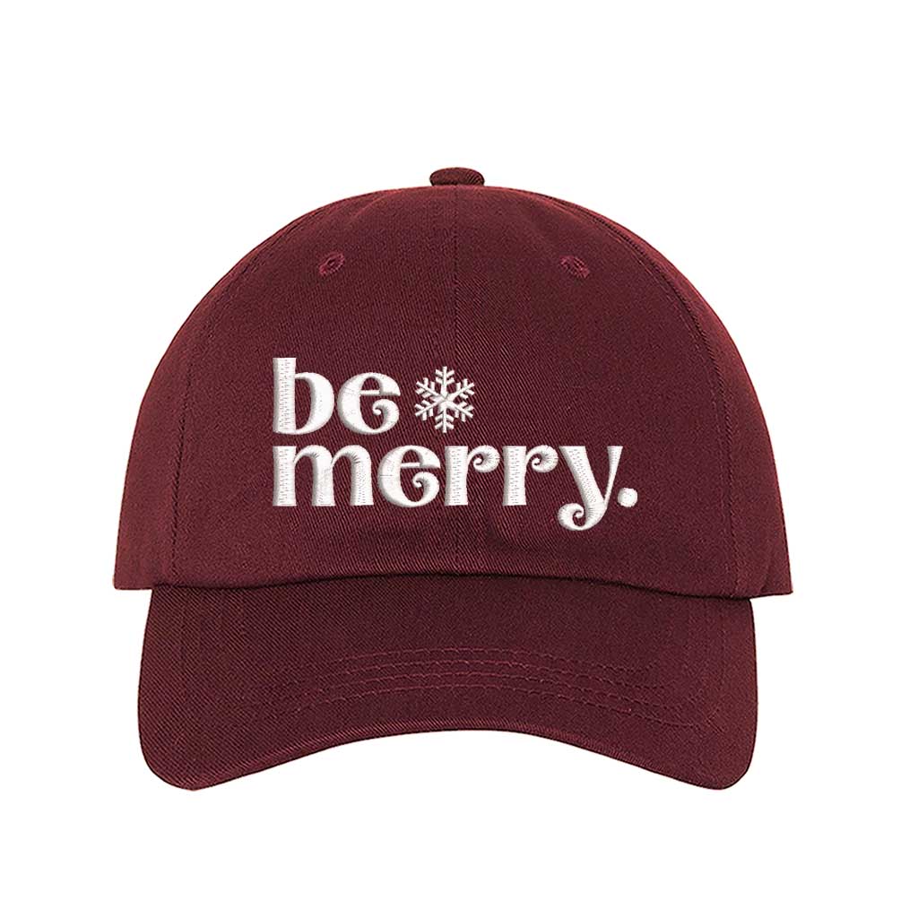 Burgundy Be Merry Christmas Embroidered Baseball Hat featuring festive white stitching, breathable cotton fabric, and adjustable strap for a perfect holiday fit – DSY Lifestyle