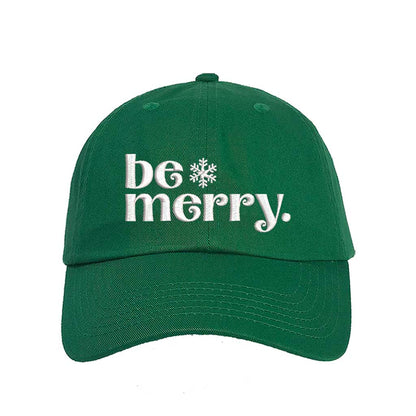 Kelly Green Be Merry Christmas Embroidered Baseball Hat featuring festive white stitching, breathable cotton fabric, and adjustable strap for a perfect holiday fit – DSY Lifestyle