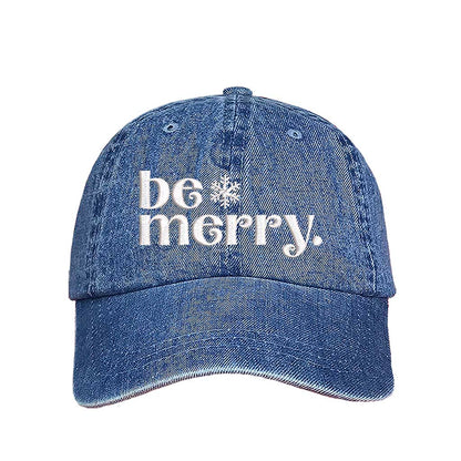 Light Denim Be Merry Christmas Embroidered Baseball Hat featuring festive white stitching, breathable cotton fabric, and adjustable strap for a perfect holiday fit – DSY Lifestyle