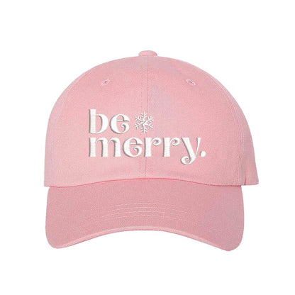 Light Pink Be Merry Christmas Embroidered Baseball Hat featuring festive white stitching, breathable cotton fabric, and adjustable strap for a perfect holiday fit – DSY Lifestyle
