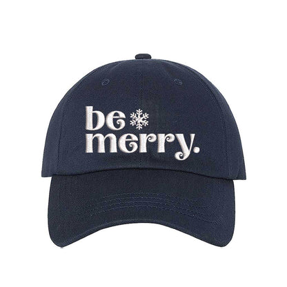 Navy Blue Be Merry Christmas Embroidered Baseball Hat featuring festive white stitching, breathable cotton fabric, and adjustable strap for a perfect holiday fit – DSY Lifestyle
