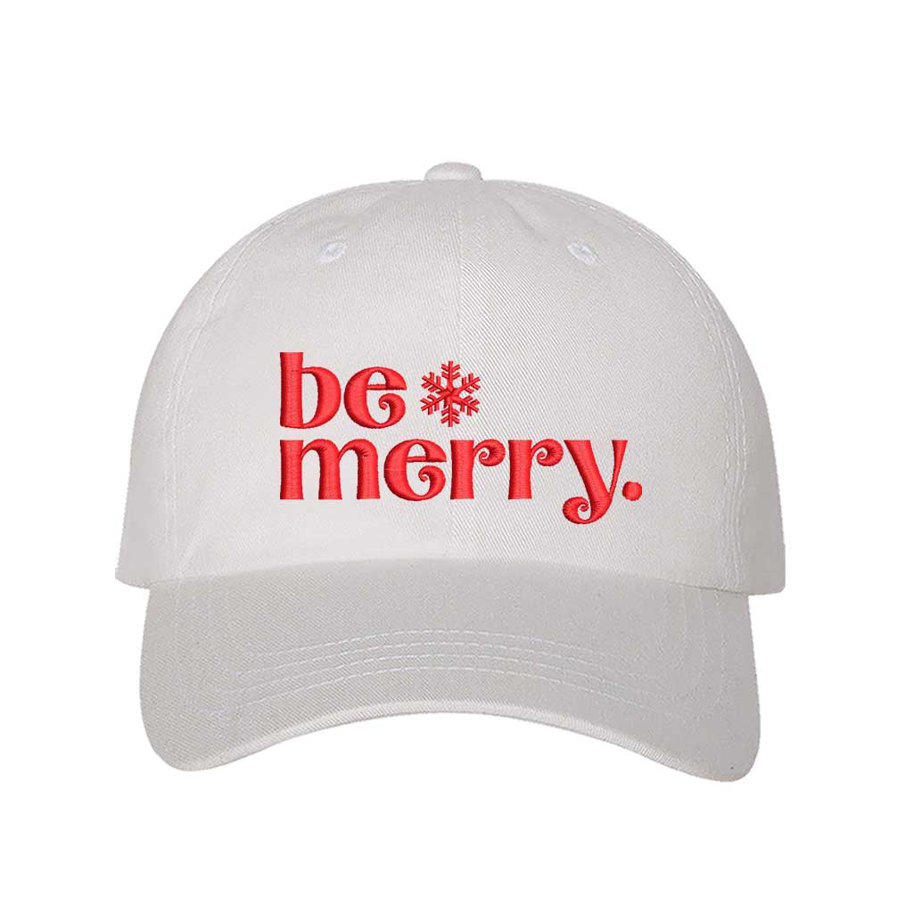 White Be Merry Christmas Embroidered Baseball Hat featuring festive red stitching, breathable cotton fabric, and adjustable strap for a perfect holiday fit – DSY Lifestyle