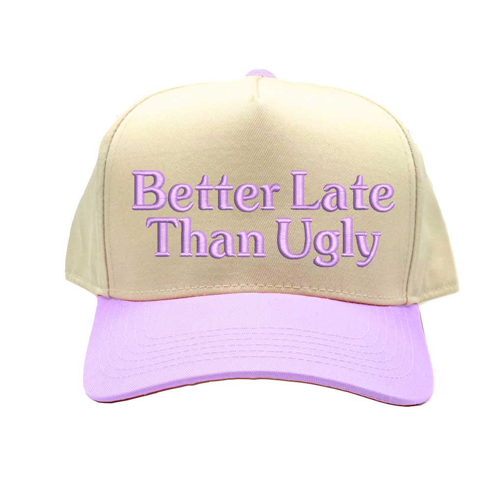 Natural Lavender Better Late Than Ugly Spring 5-Panel Two-Tone Embroidered Baseball Hat – A stylish, embroidered cap with a fresh two-tone design, made for those who take their time but never compromise on fashion – DSY Lifestyle