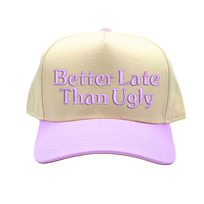 Natural Lavender Better Late Than Ugly Spring 5-Panel Two-Tone Embroidered Baseball Hat – A stylish, embroidered cap with a fresh two-tone design, made for those who take their time but never compromise on fashion – DSY Lifestyle