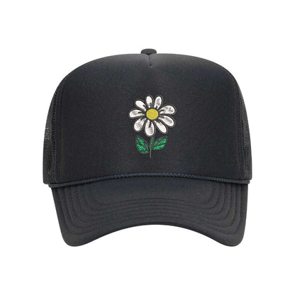 Black foam trucker hat embroidered with a daisy stem flower- DSY Lifestyle