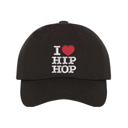 Black baseball hat embroidered with the phrase i love hip hop but love is a heart- DSY Lifestyle