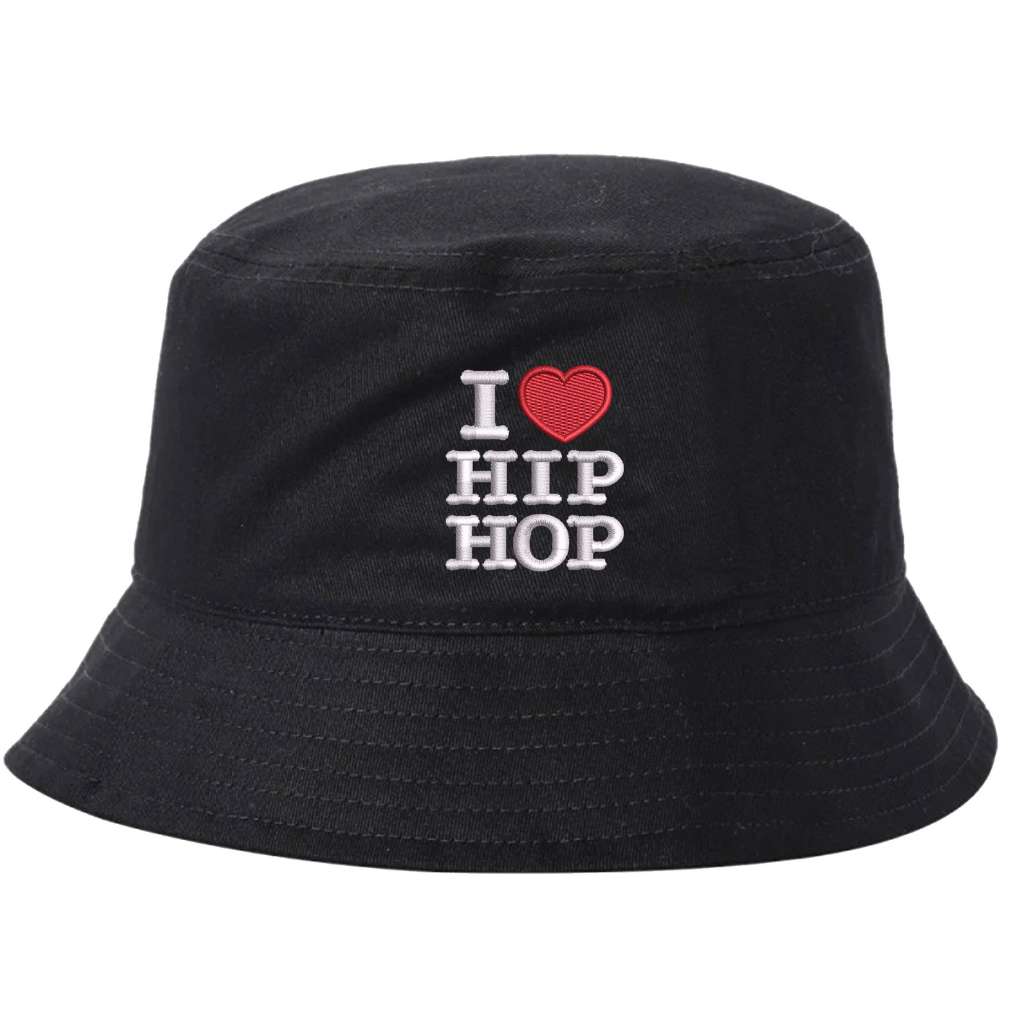 Black bucket hat embroidered with the phrase i love hip hop but love is a heart-DSY Lifestyle