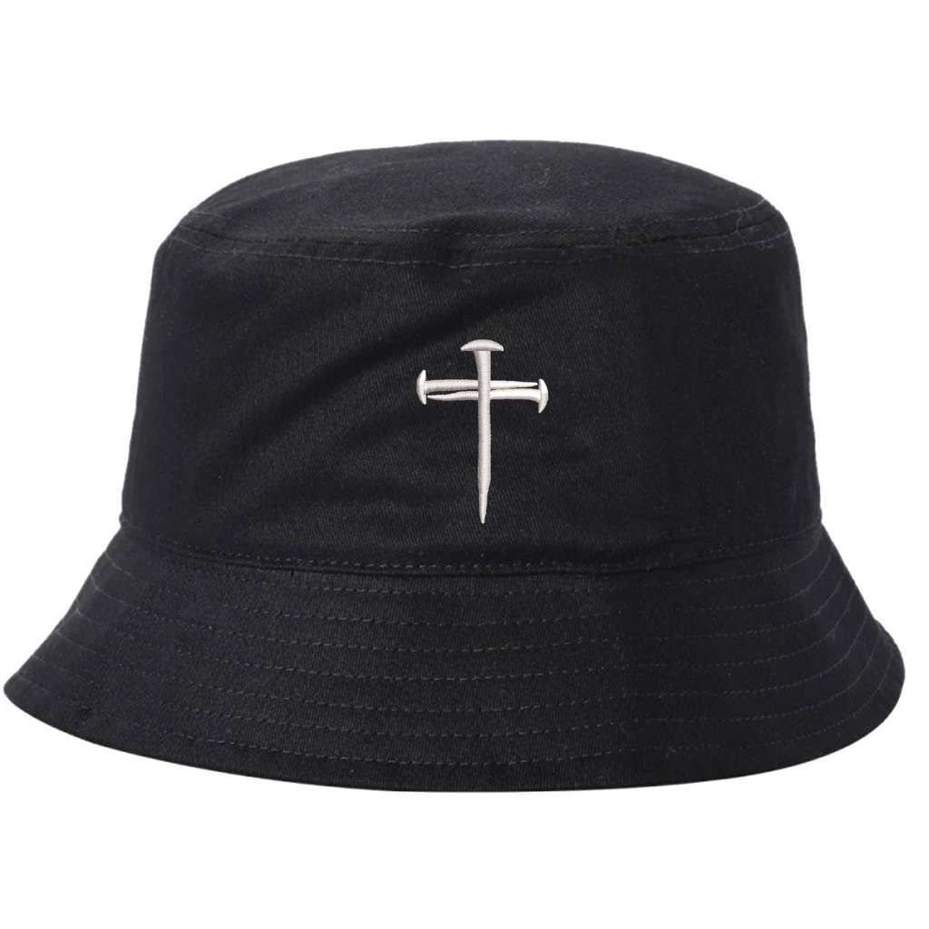 Black bucket hat embroidered wiht a cross made of nails on it- DSY Lifestyle