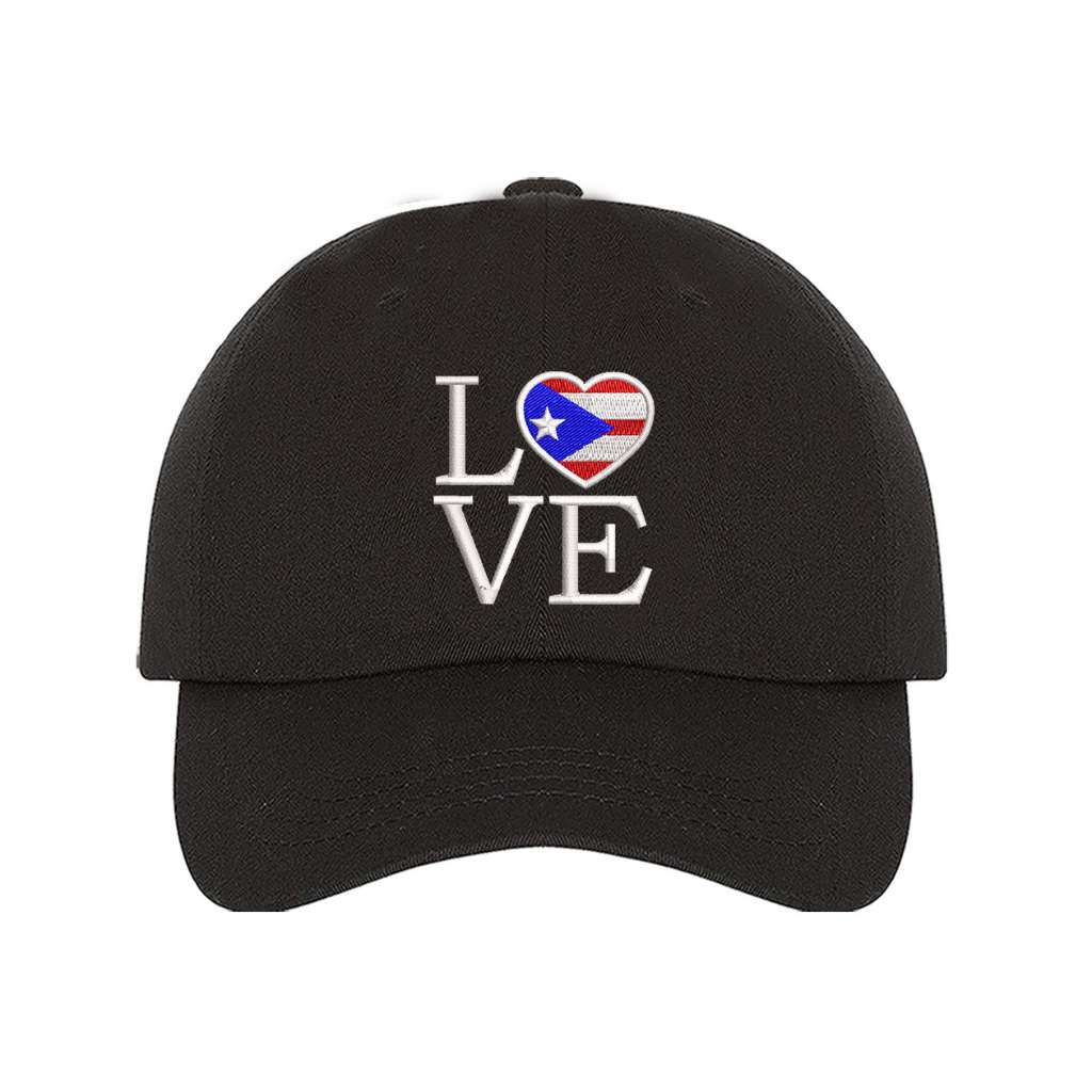 Black baseball hat embroidered with the word love with the o being in the hsape of a heart with the puerto rico flag-DSY Lifestyle