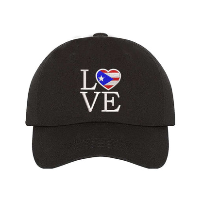 Black baseball hat embroidered with Love but. the o in love is a heart with the puerto rico flag in it- DSY Lifestyle
