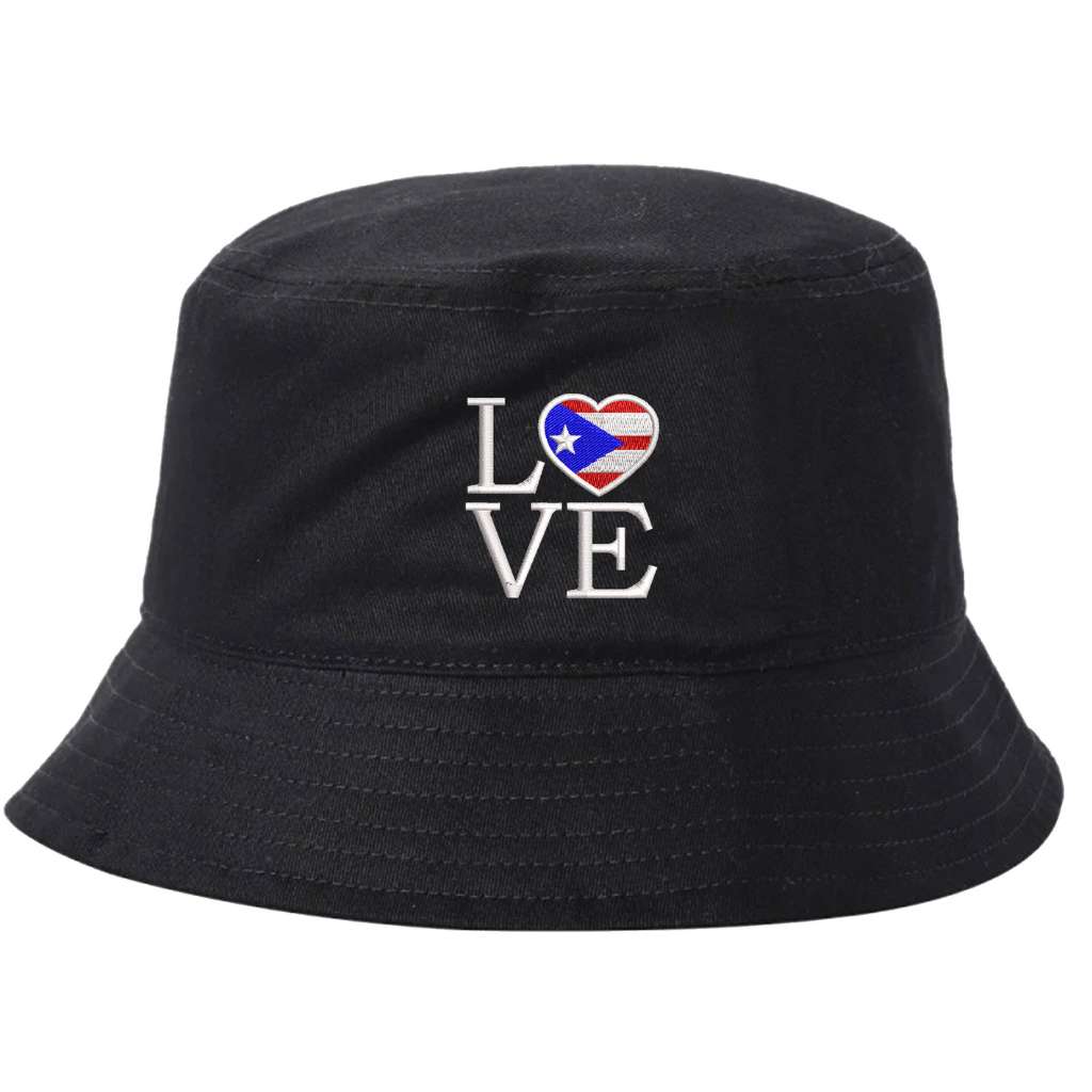 Black bucket hat embroidered with the word love with the o in love in the shape of a heart with the puerto rican flag in it-DSY Lifestyle