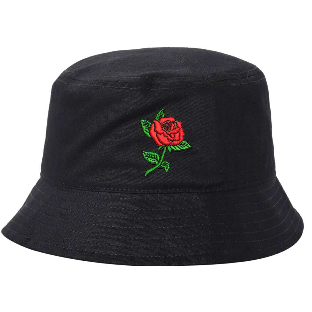 Black bucket hat embroidered with a rose stem on it-DSY Lifestyle