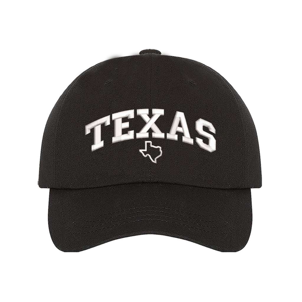 Black baseball hat embroidered with the word texas and a small map of texas underneath the word- DSY Lifestyle
