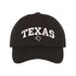 Black baseball hat embroidered with the word texas and a small map of texas underneath the word- DSY Lifestyle