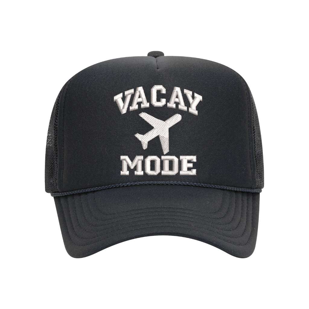 Black foam trucker hat embroidered with the phrase vacay mode and a airplane- DSY Lifestyle