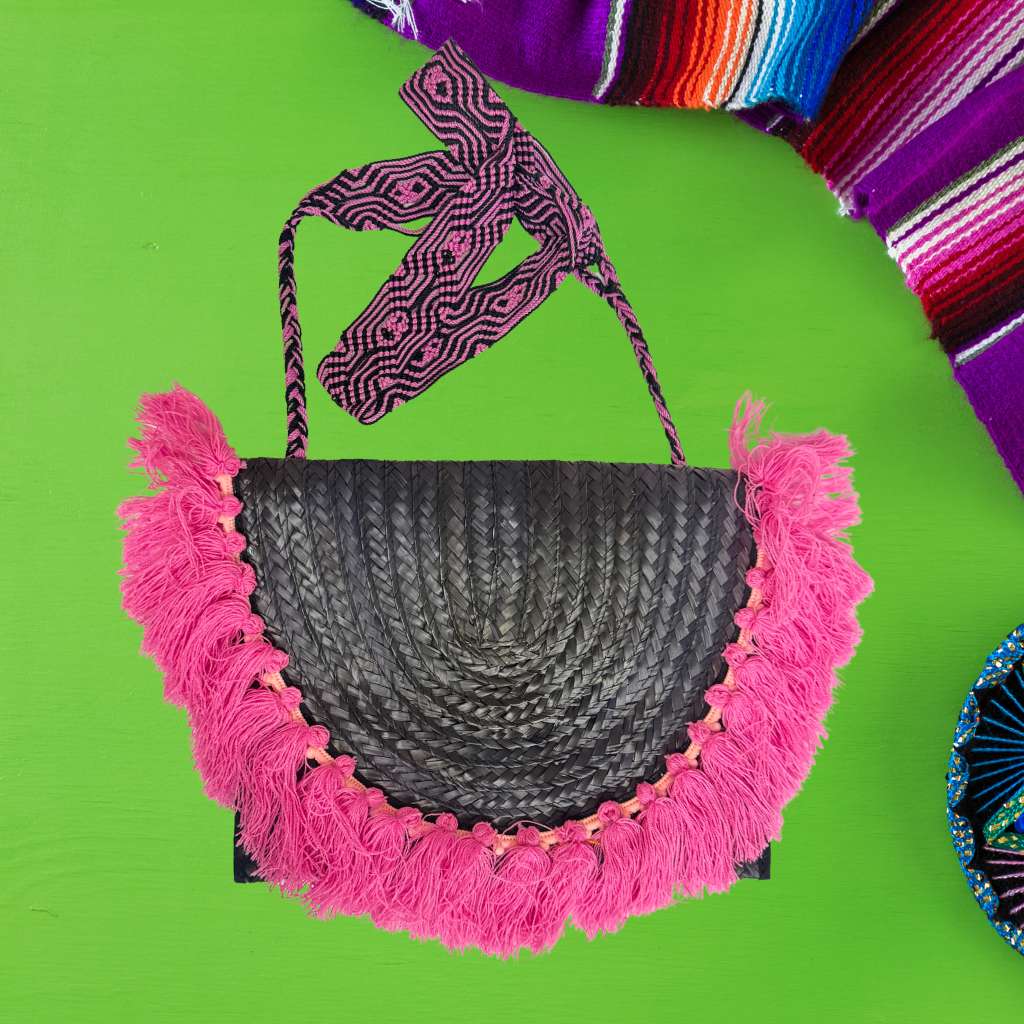 Black &amp; Hot Pink Mexican Palm Purse with tassels