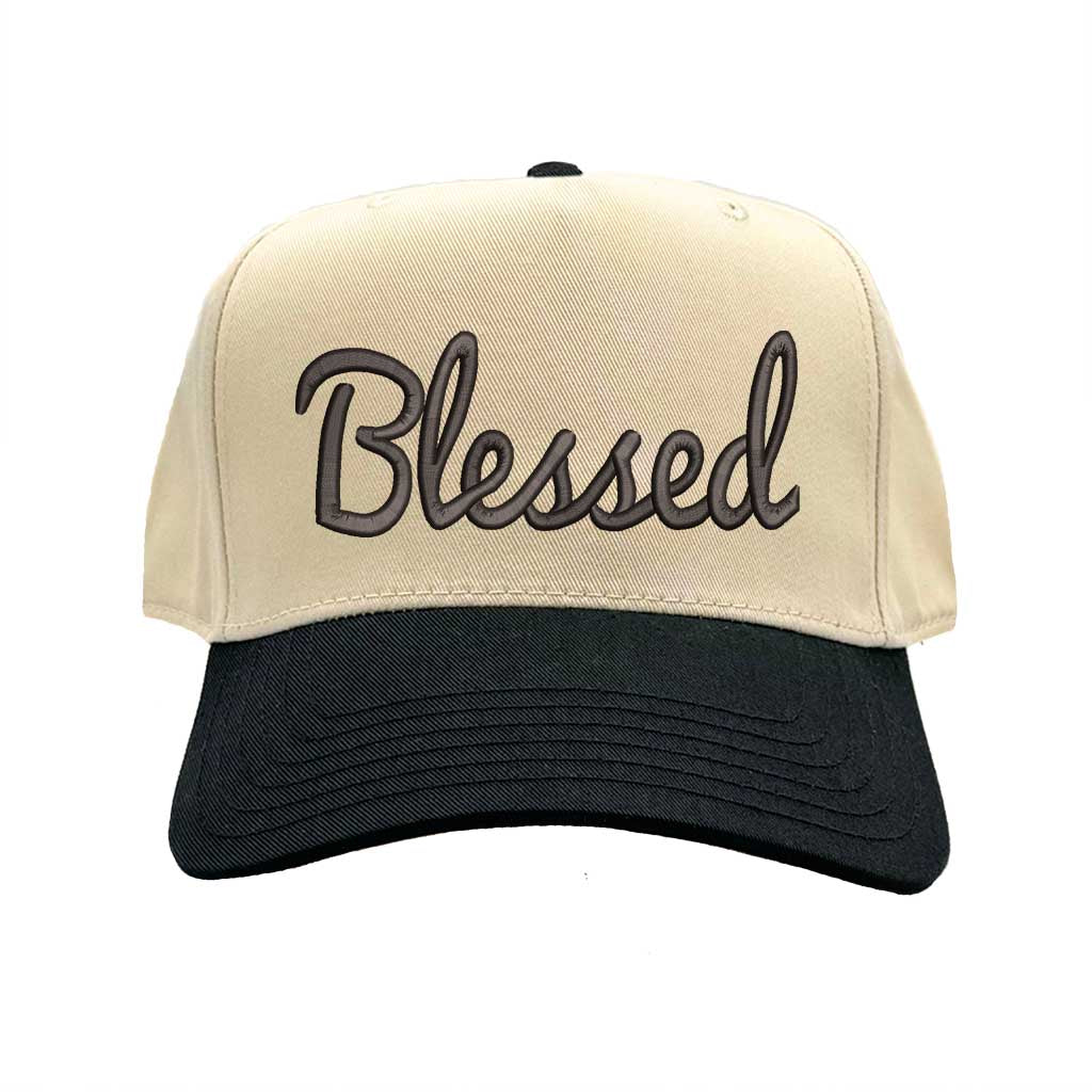 Natural Black Front view of a two-tone baseball hat featuring the word Blessed in bold 3D raised embroidery on the center crown. - DSY Lifestyle