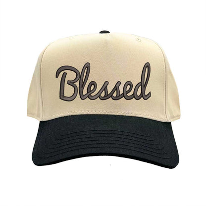 Natural Black Front view of a two-tone baseball hat featuring the word Blessed in bold 3D raised embroidery on the center crown. - DSY Lifestyle