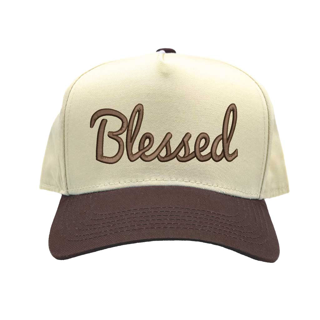 Natural Brown Front view of a two-tone baseball hat featuring the word Blessed in bold 3D raised embroidery on the center crown. - DSY Lifestyle