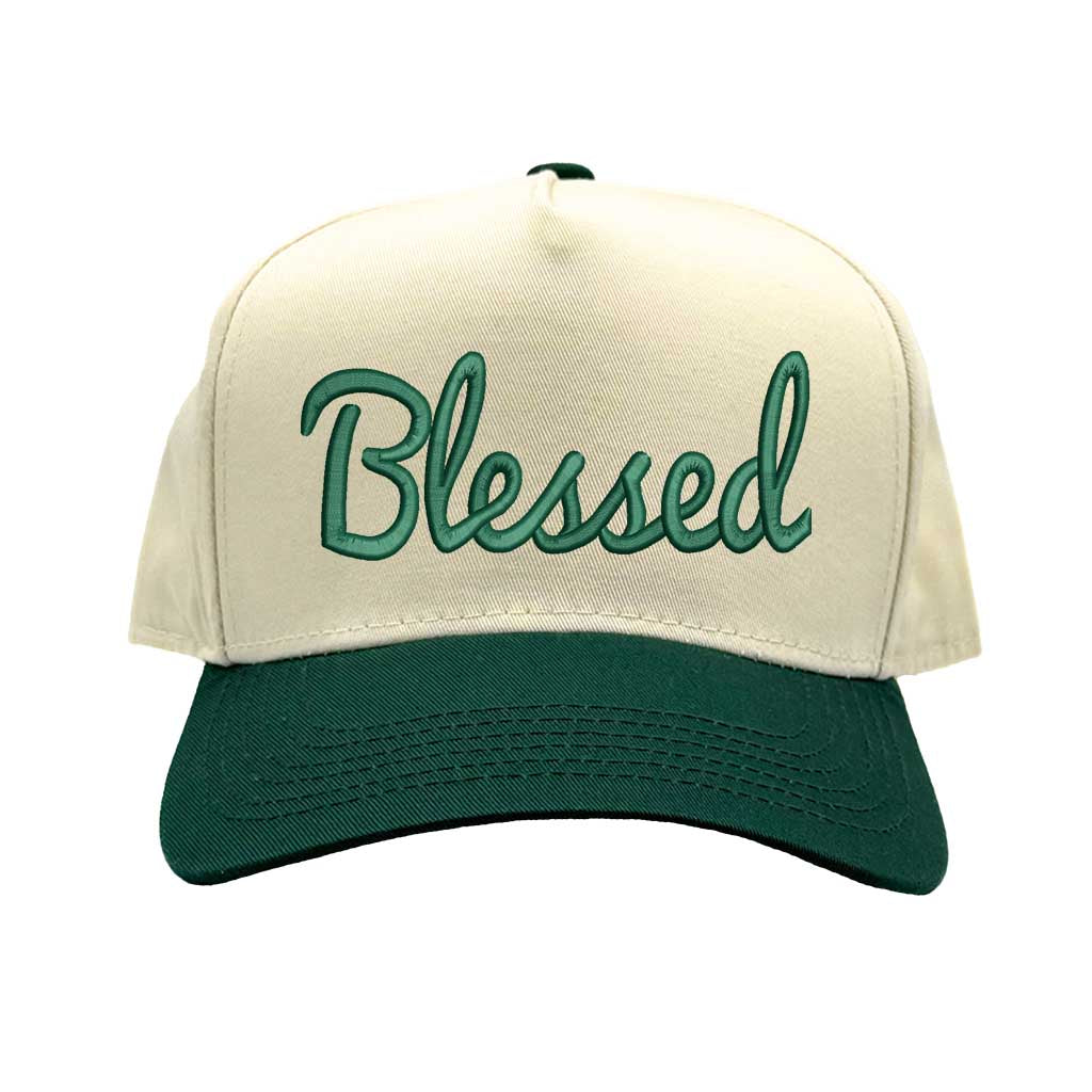 Natural Forest Green Front view of a two-tone baseball hat featuring the word Blessed in bold 3D raised embroidery on the center crown. - DSY Lifestyle