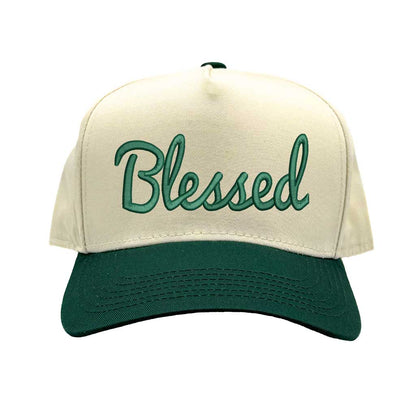 Natural Forest Green Front view of a two-tone baseball hat featuring the word Blessed in bold 3D raised embroidery on the center crown. - DSY Lifestyle
