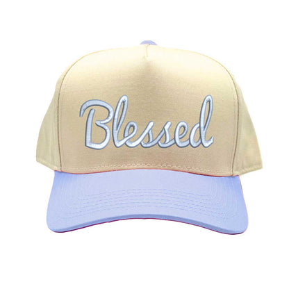 Natural Light Blue Front view of a two-tone baseball hat featuring the word Blessed in bold 3D raised embroidery on the center crown. - DSY Lifestyle
