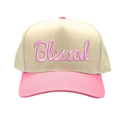 Natural Light Pink Front view of a two-tone baseball hat featuring the word Blessed in bold 3D raised embroidery on the center crown. - DSY Lifestyle