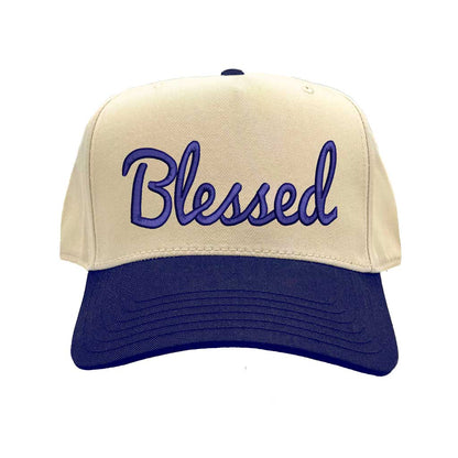 Natural Navy Blue Front view of a two-tone baseball hat featuring the word Blessed in bold 3D raised embroidery on the center crown. - DSY Lifestyle