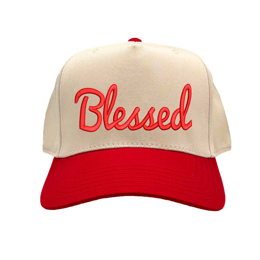 Natural Red Front view of a two-tone baseball hat featuring the word Blessed in bold 3D raised embroidery on the center crown. - DSY Lifestyle