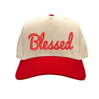 Natural Red Front view of a two-tone baseball hat featuring the word Blessed in bold 3D raised embroidery on the center crown. - DSY Lifestyle