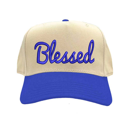 Natural Royal Blue Front view of a two-tone baseball hat featuring the word Blessed in bold 3D raised embroidery on the center crown. - DSY Lifestyle