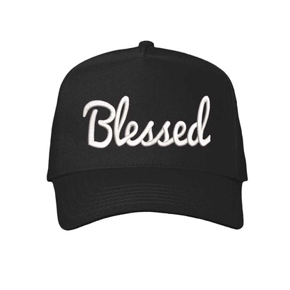 Solid Black Front view of a 5-panel baseball hat featuring the word Blessed in bold 3D raised embroidery on the center crown. - DSY Lifestyle
