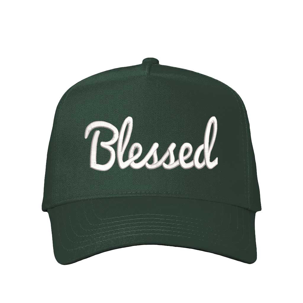 Solid Forest Green Front view of a 5-panel baseball hat featuring the word Blessed in bold 3D raised embroidery on the center crown. - DSY Lifestyle