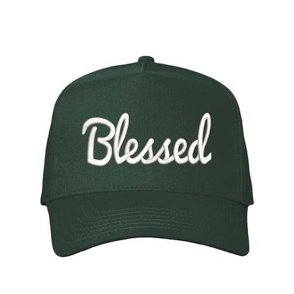 Solid Forest Green Front view of a 5-panel baseball hat featuring the word Blessed in bold 3D raised embroidery on the center crown. - DSY Lifestyle