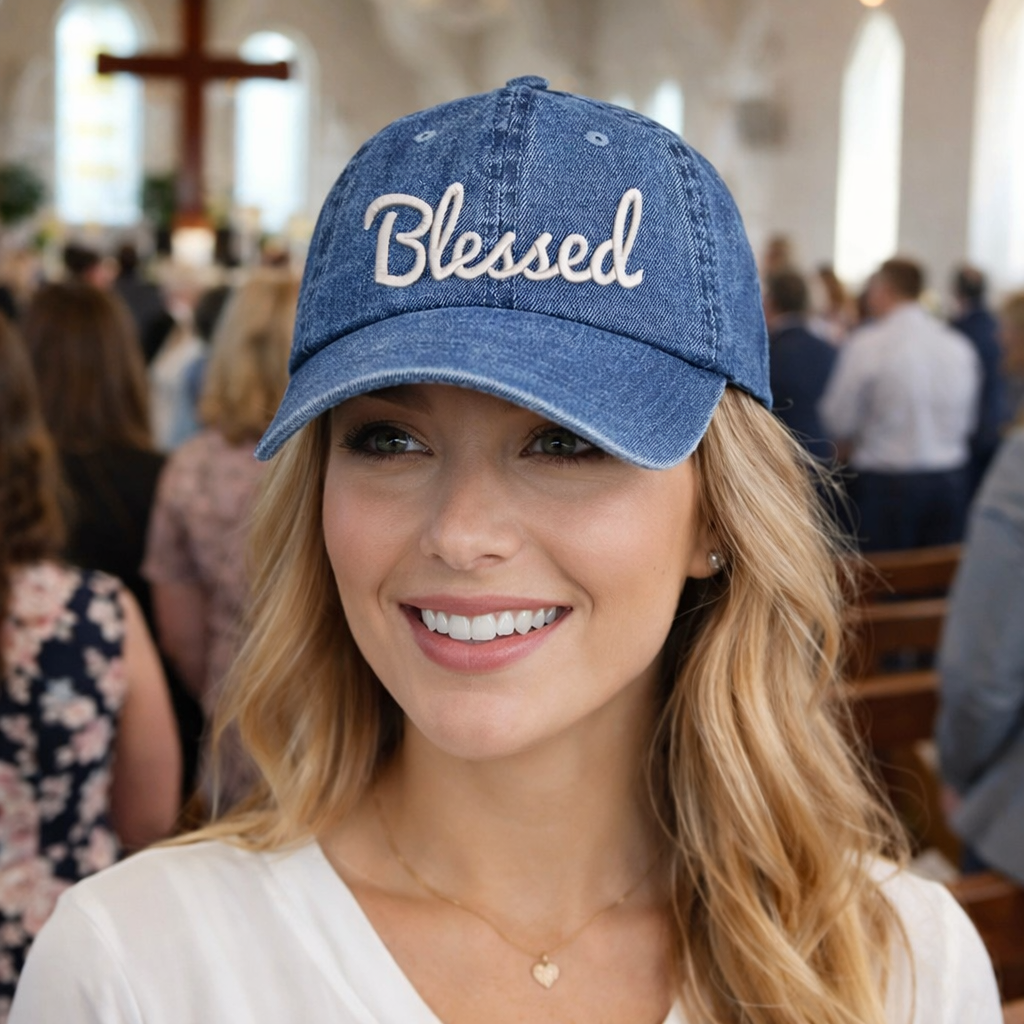 Woman wearing a blue cap with &