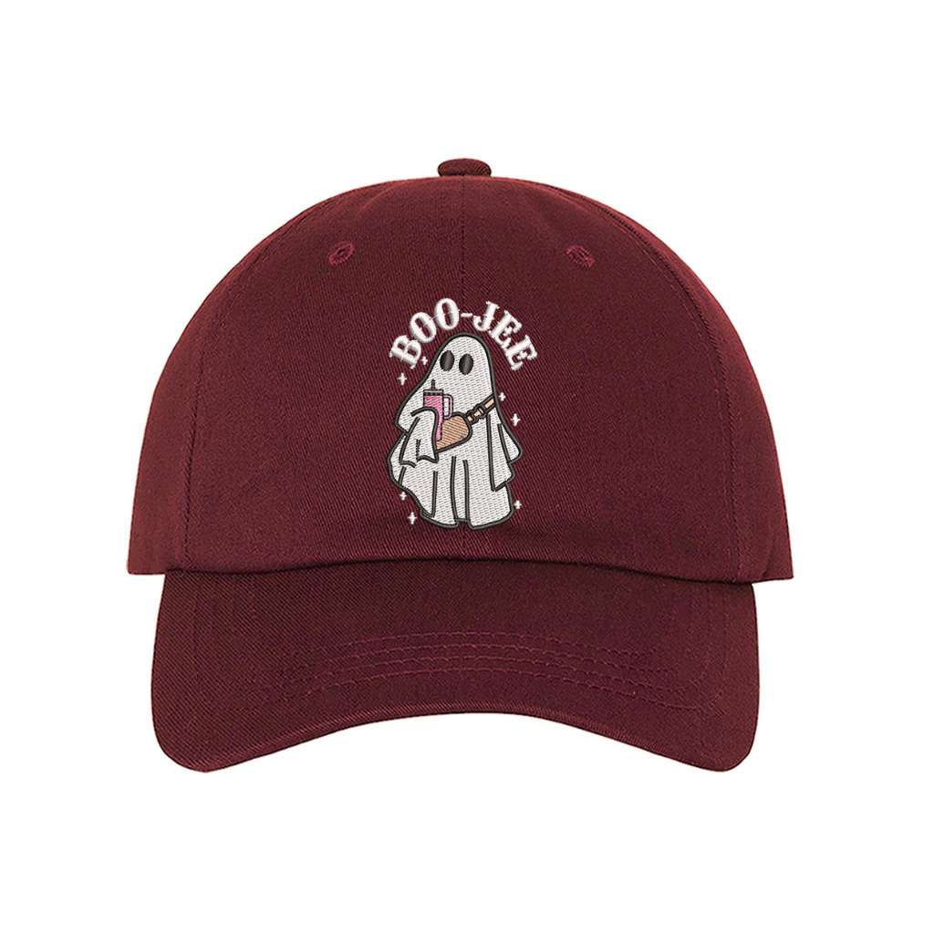 Burgundy baseball hat embroidered with a Boojee Ghost for Halloween- DSY Lifestyle