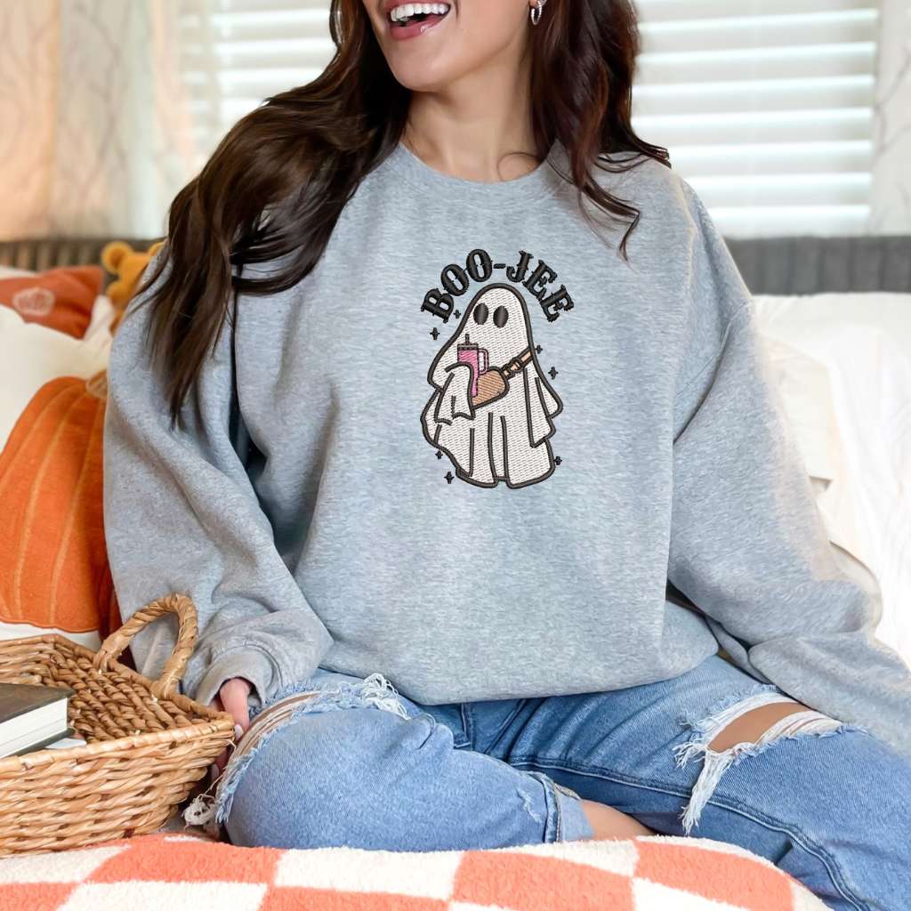Heather Gray Sweatshirt embroidered with Boo-jee Ghost - DSY Lifestyle