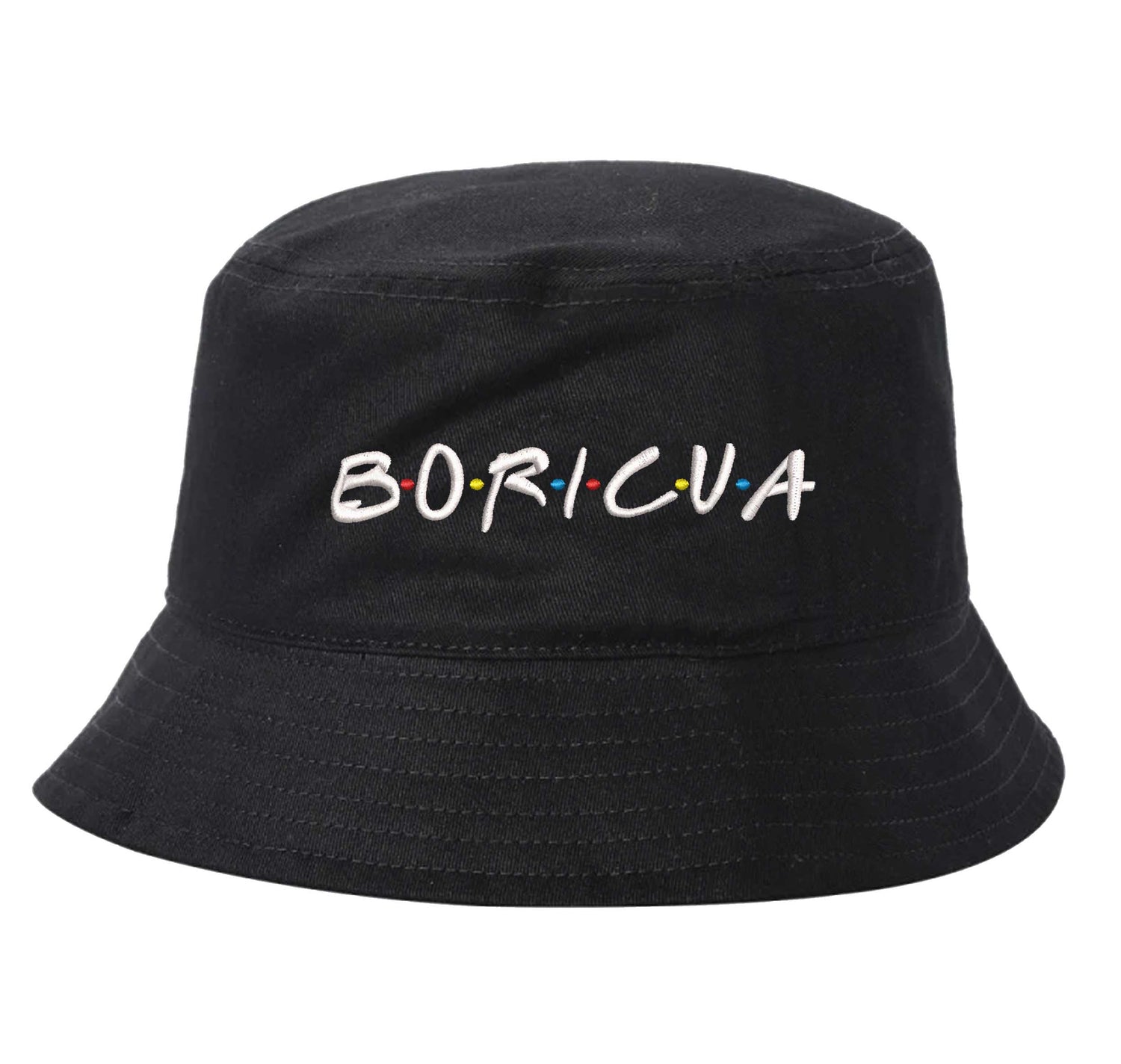 Black DSY Lifestyle bucket hat with Boricua embroidered in vibrant ‘FRIENDS’ font  lettering - DSY Lifestyle
