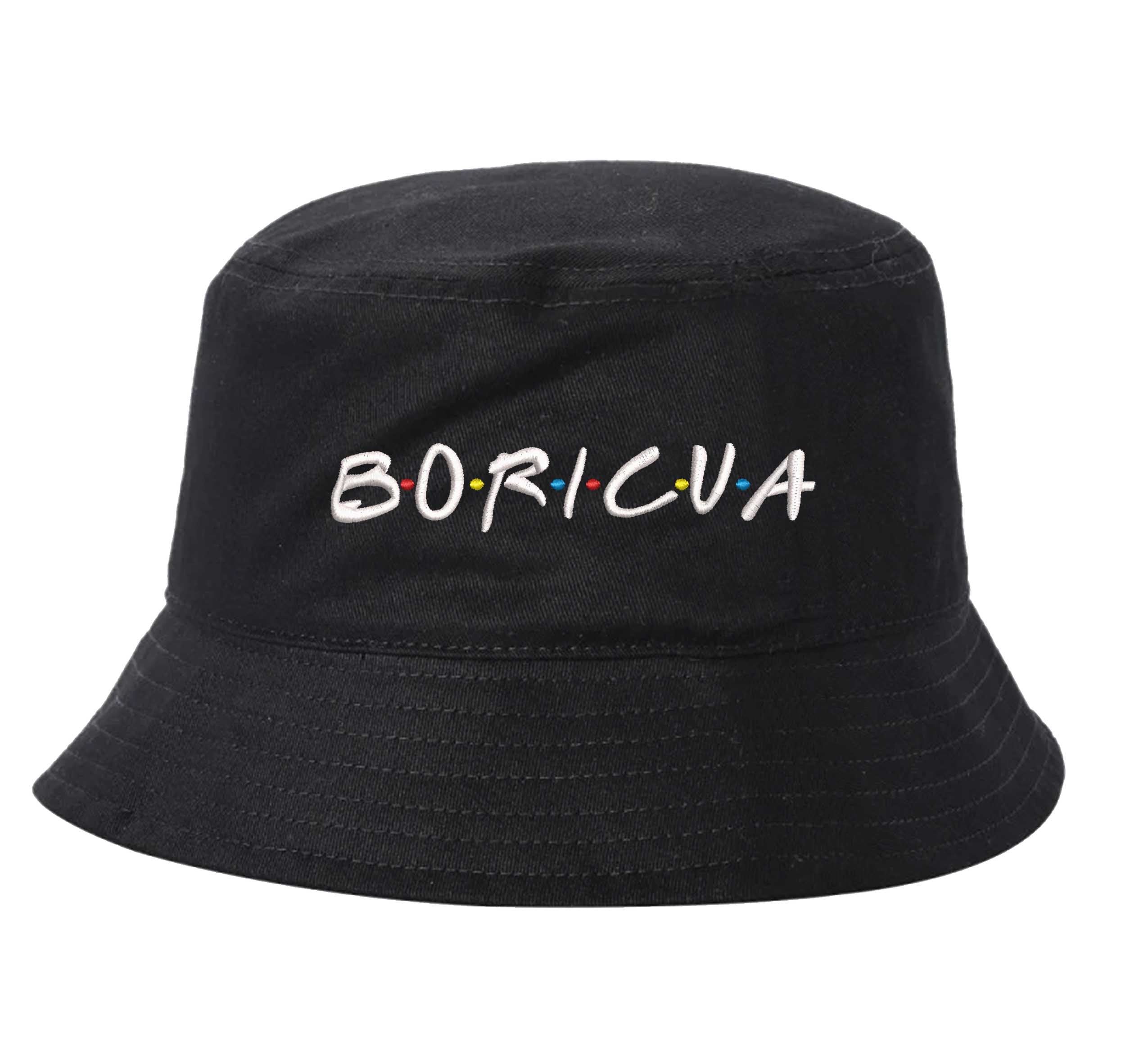Black DSY Lifestyle bucket hat with Boricua embroidered in vibrant ‘FRIENDS’ font  lettering - DSY Lifestyle