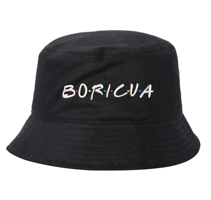 Black DSY Lifestyle bucket hat with Boricua embroidered in vibrant ‘FRIENDS’ font  lettering - DSY Lifestyle