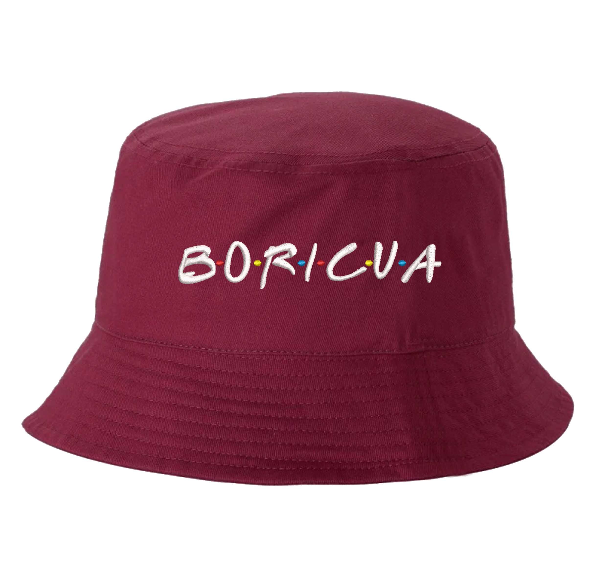 Burgundy DSY Lifestyle bucket hat with Boricua embroidered in vibrant ‘FRIENDS’ font  lettering - DSY Lifestyle