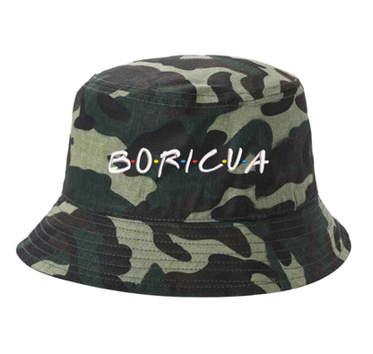 Camo DSY Lifestyle bucket hat with Boricua embroidered in vibrant ‘FRIENDS’ font  lettering - DSY Lifestyle